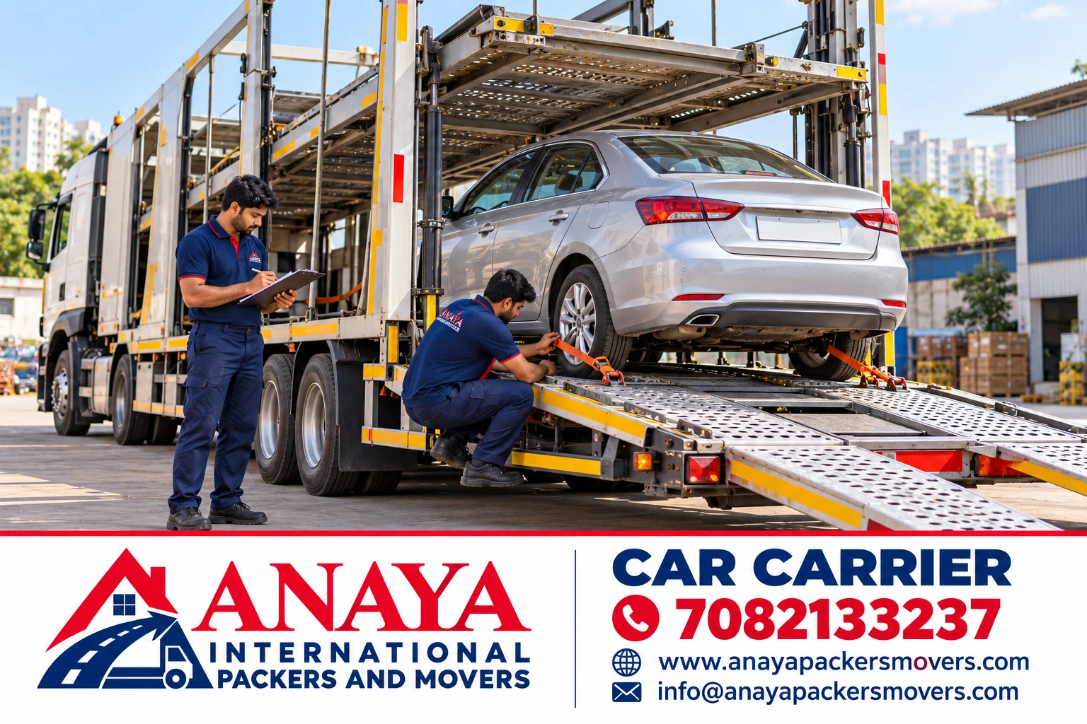 A car prepared for transportation on a vehicle carrier